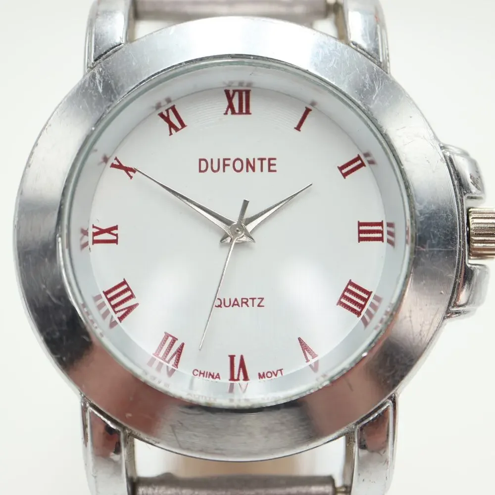 Vintage Dufonte Silver Tone Mens Watch 42mm Roman Dial Leather Strap New Battery